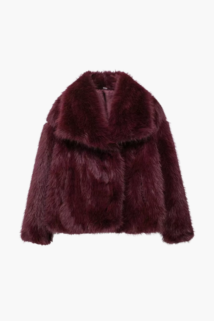 Margo & Main – Ebba burgundy faux fur wide collar short coat, flat product shot front, US women's sizes