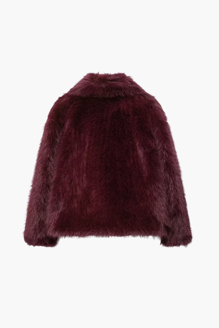 Margo & Main – Ebba burgundy faux fur wide collar short coat, flat product shot back, US women's sizes