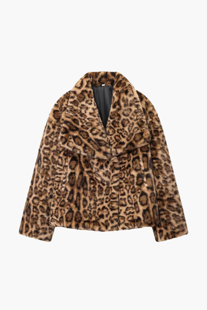Margo & Main – Ebba leopard print faux fur wide collar short coat, flat product shot front, US women's sizes