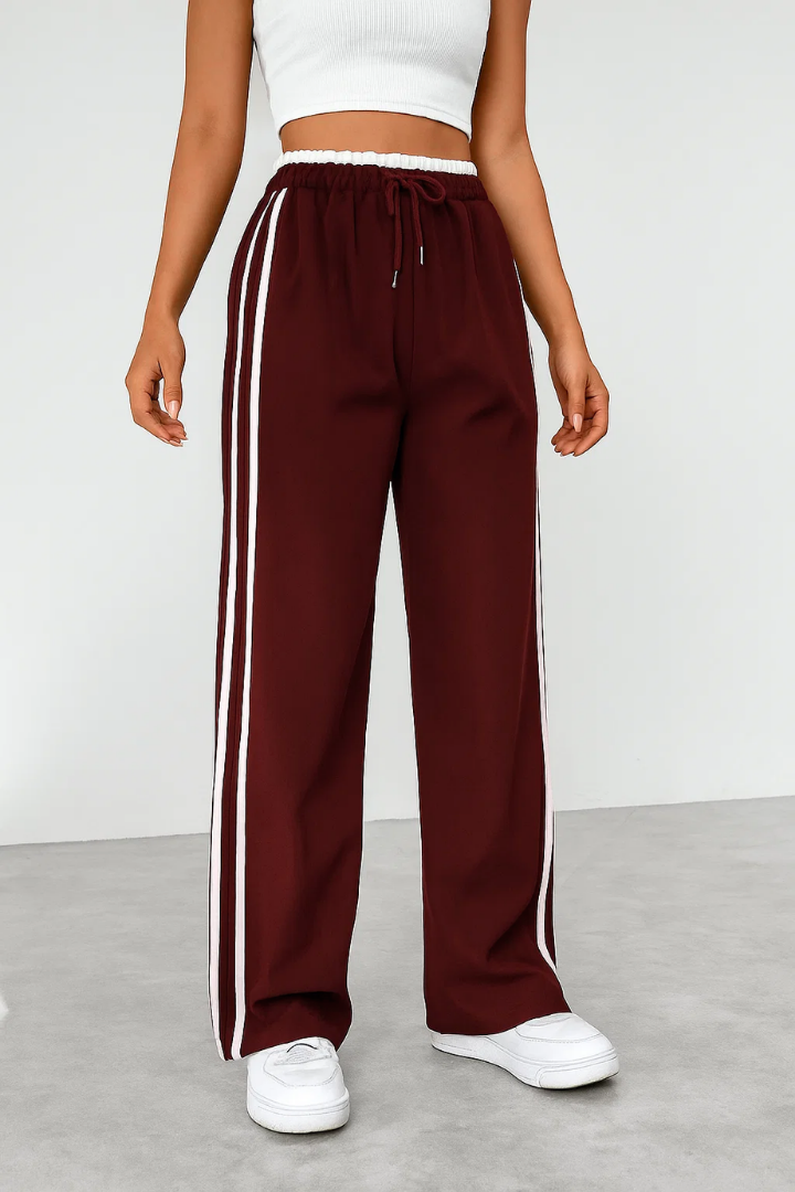 Margo & Main – Burgundy side-stripe pull-on trousers, front view on model, US women's sizes