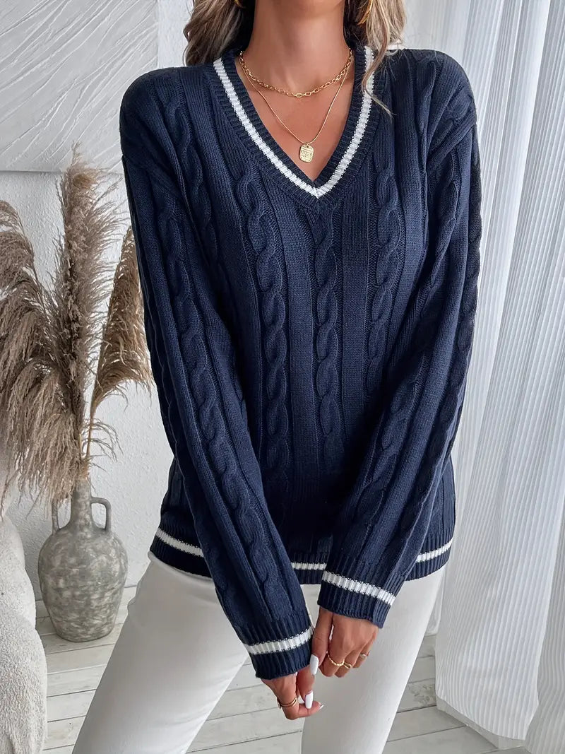 Margo & Main – Navy cable knit sweater, rope cable texture close-up, US women's sizes