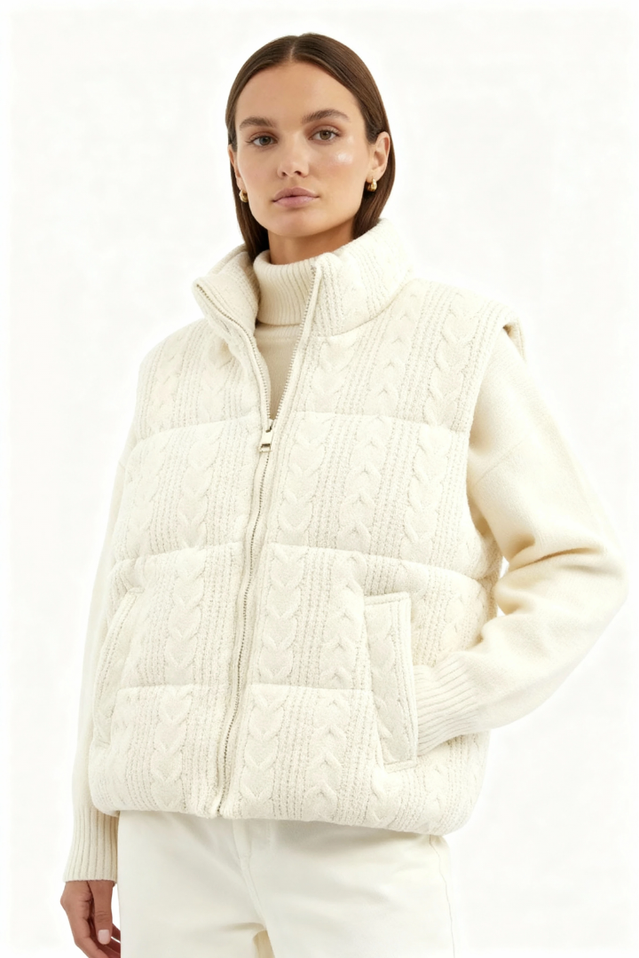 Margo & Main – cream cable-knit quilted puffer vest for women, back view, US women's sizes