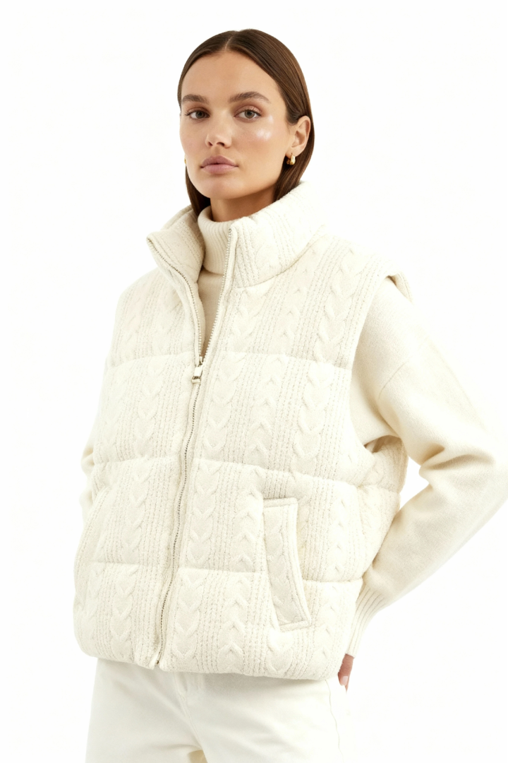 Margo & Main – cream cable-knit quilted puffer vest fabric and texture detail, US women's sizes