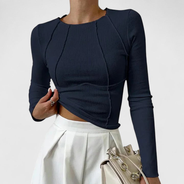 Margo & Main – navy ribbed long sleeve top, crew neckline and sleeve detail, US women's sizes