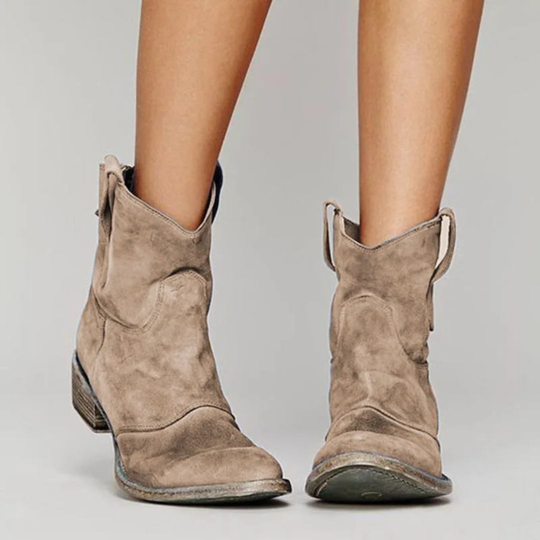 Margo & Main – taupe distressed suede western ankle booties, full front view, US women's sizes