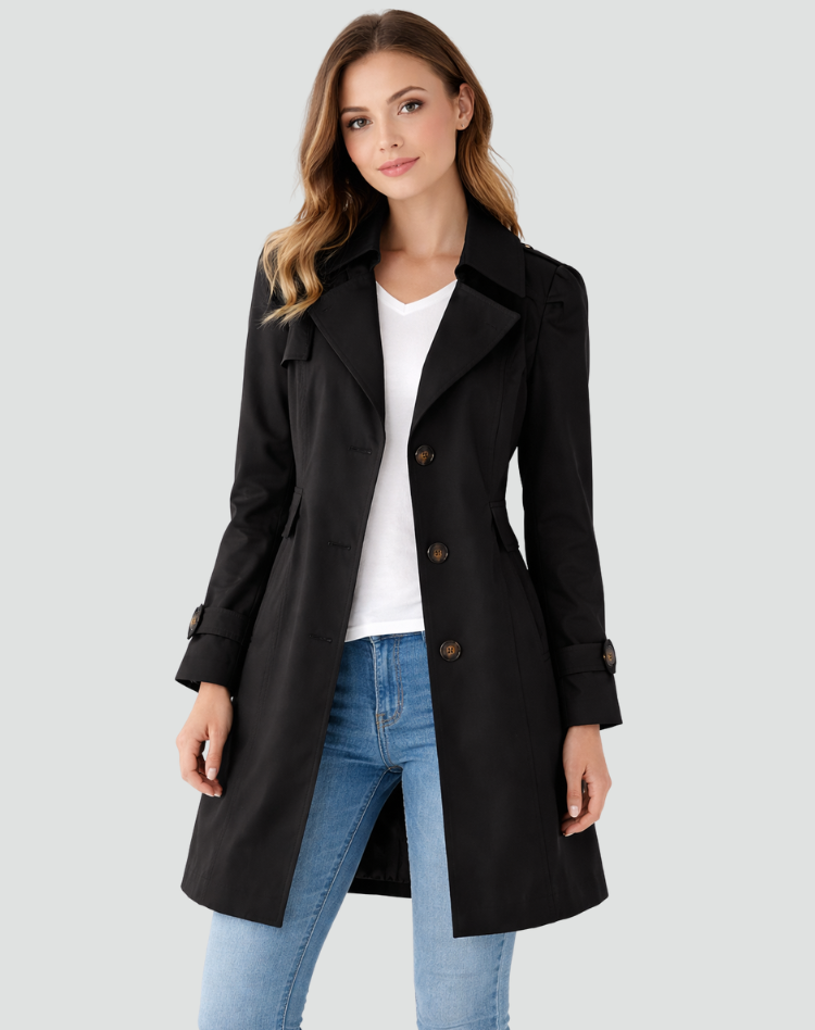 Margo & Main - black trench coat worn open over jeans, US women's sizes