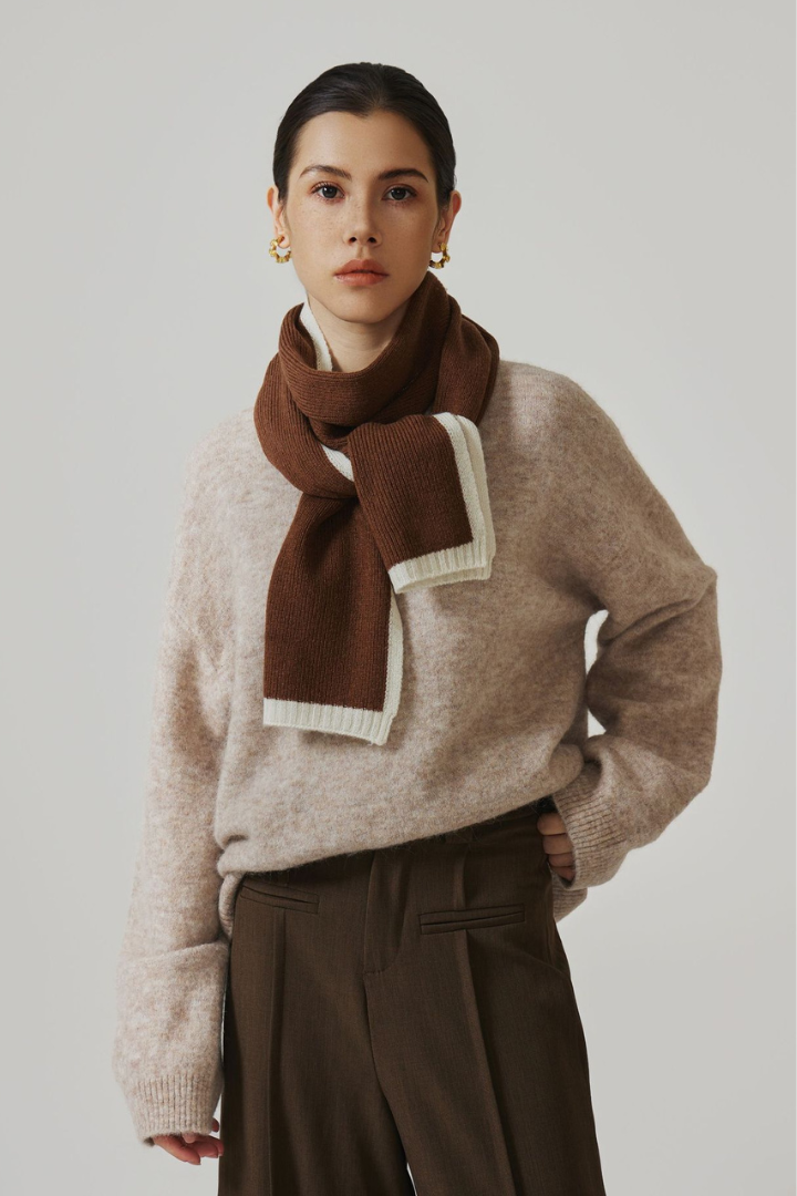 Margo & Main - warm brown wool scarf worn long with the full outfit shown, one size