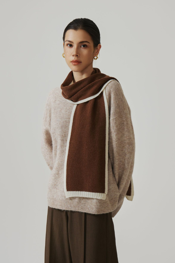 Margo & Main - warm brown wool scarf for women, three-quarter view over a knit sweater, one size