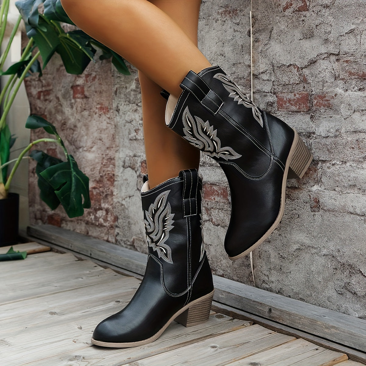 Margo & Main – black embroidered western mid calf boots colorway, worn view, US women's sizes