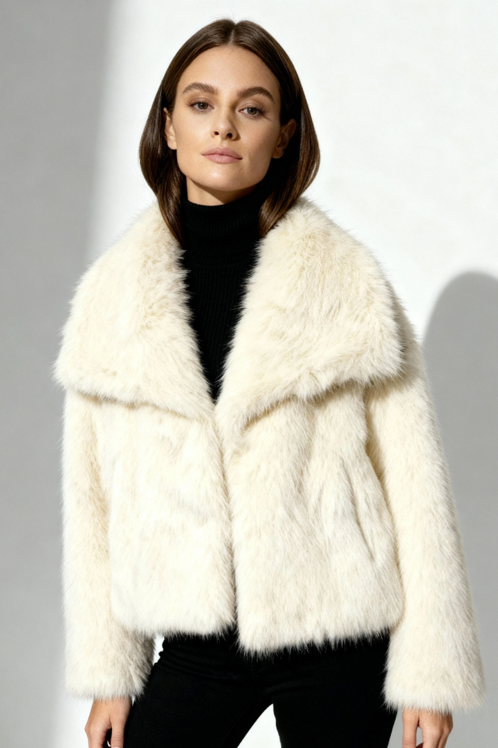 Margo & Main – Ebba ivory faux fur wide collar short coat, front view worn open over black turtleneck, US women's sizes