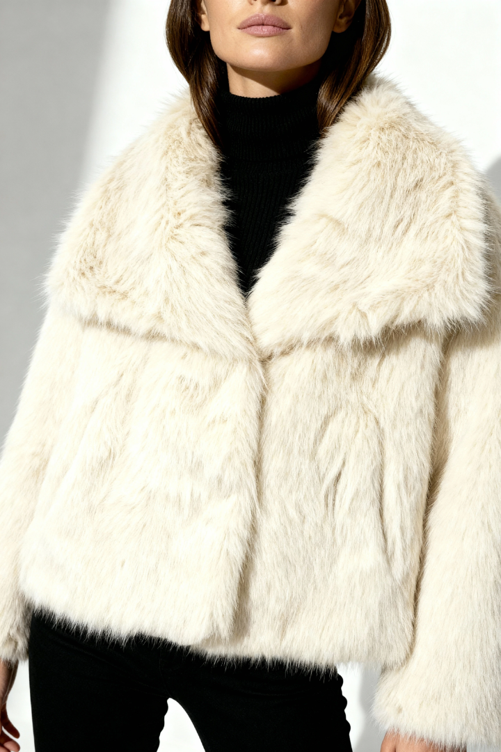 Margo & Main – Ebba ivory faux fur wide collar short coat, cropped torso view showing the wide shawl collar, US women's sizes