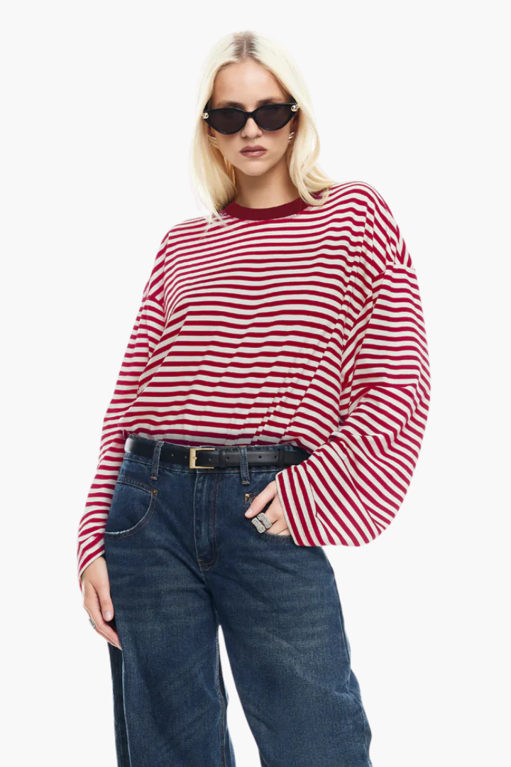 Margo & Main – red striped boxy long sleeve knit top front view, US women's sizes