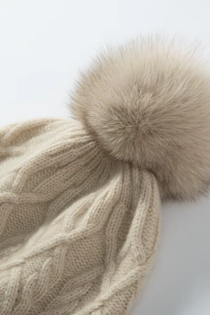Rosemary Cable Knit Cashmere Pom Pom Beanie