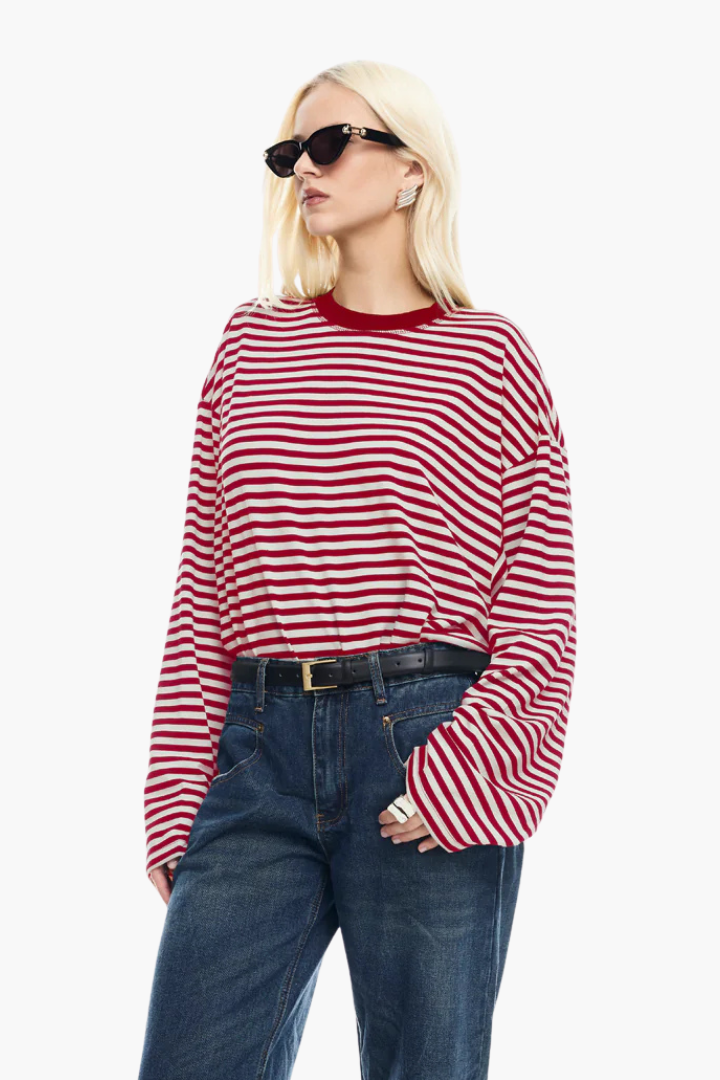 Margo & Main – red striped boxy long sleeve knit top fabric and texture detail, US women's sizes