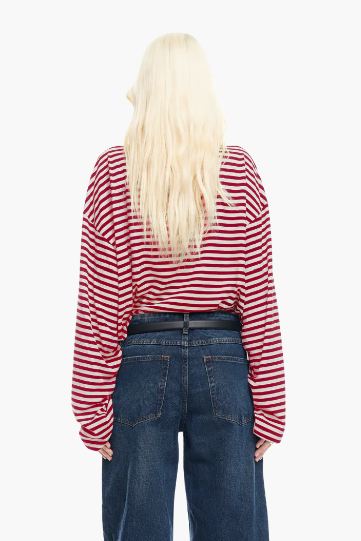 Margo & Main – red striped boxy long sleeve knit top neckline and sleeve detail, US women's sizes