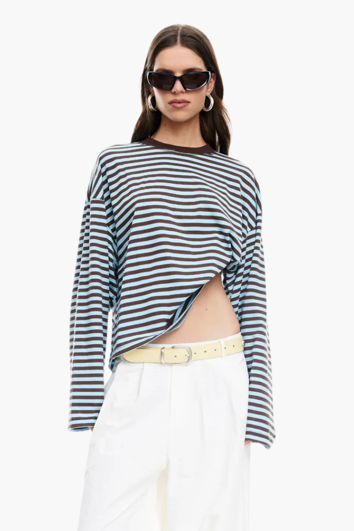 Margo & Main – blue striped boxy long sleeve knit top back view, US women's sizes