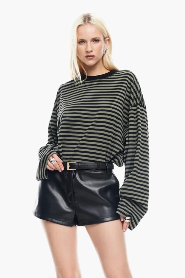 Margo & Main – striped boxy long sleeve knit top, close-up view, US women's sizes