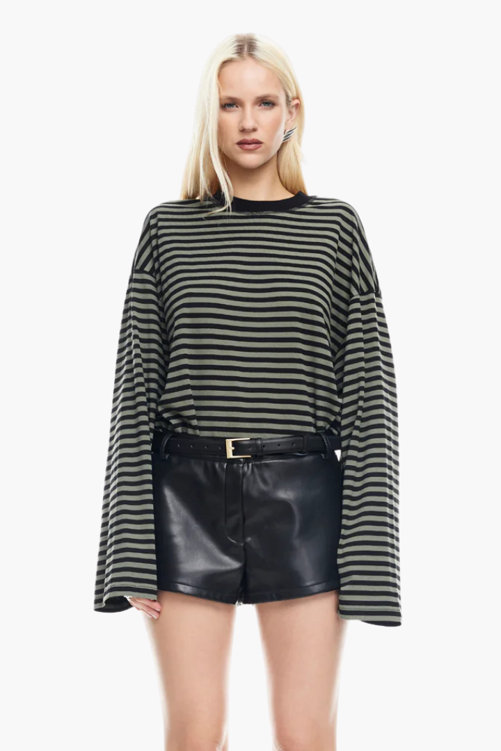 Margo & Main – striped boxy long sleeve knit top, full length view, US women's sizes