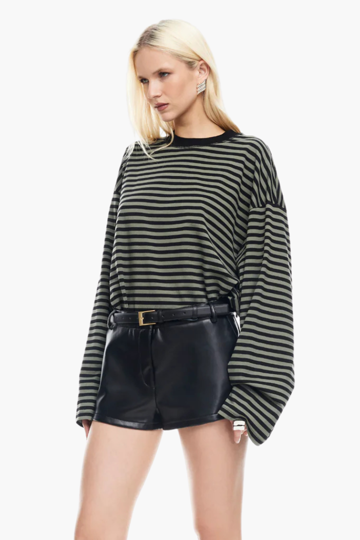 Margo & Main – striped boxy long sleeve knit top, angled view, US women's sizes