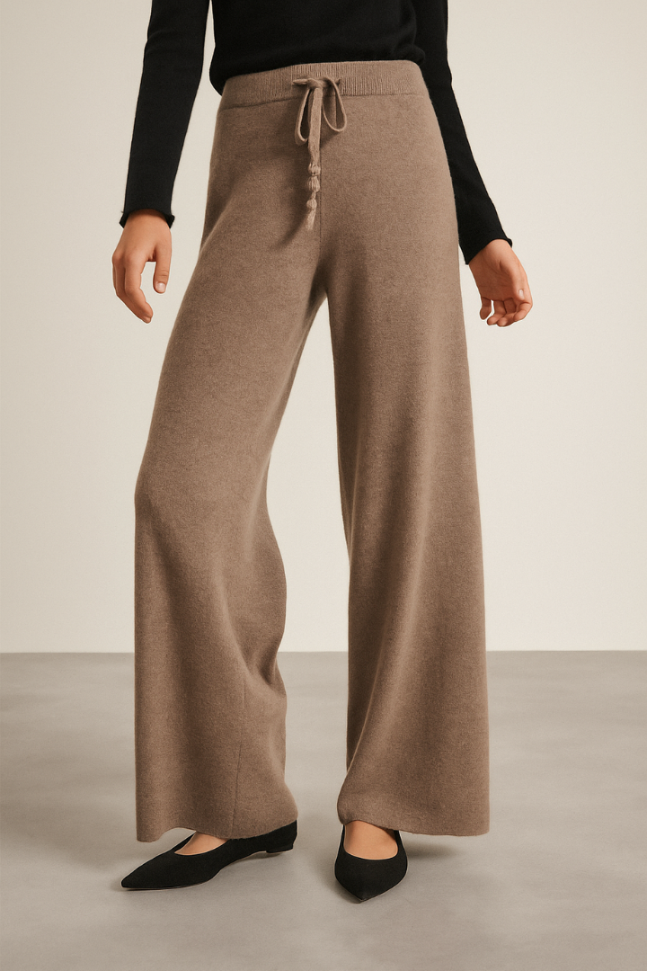 Margo & Main – Brown wide-leg knit pants styled with black ballet flats, US women's sizes