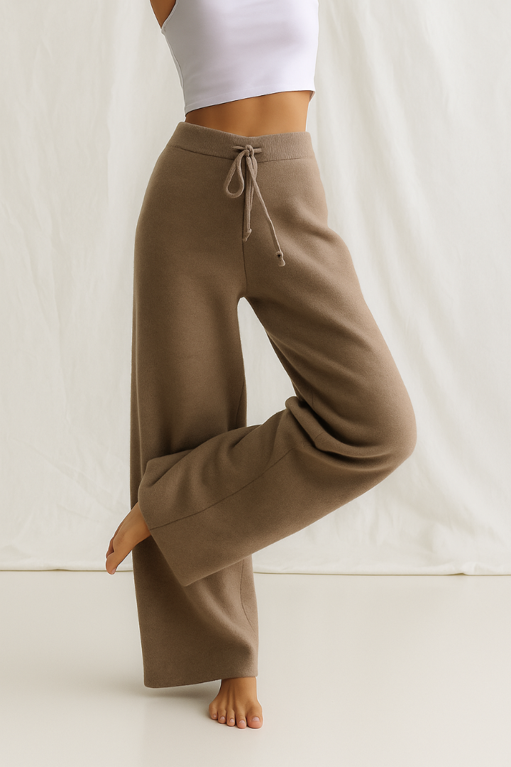 Margo & Main – Brown wide-leg knit pants worn on model, straight front view, US women's sizes