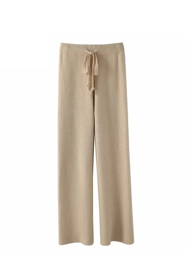 Margo & Main – Beige wide-leg knit pants, full-length front product view, US women's sizes