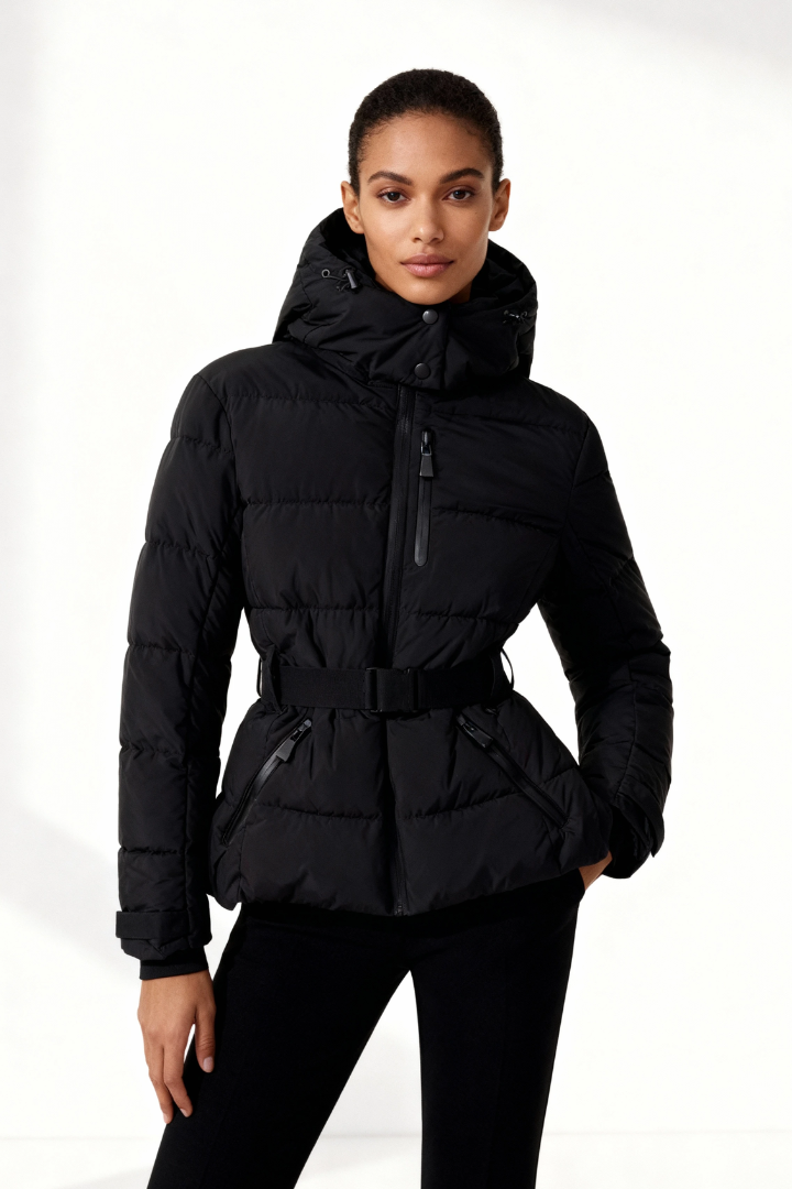 Margo & Main – belted hooded quilted puffer jacket, full length view, US women's sizes