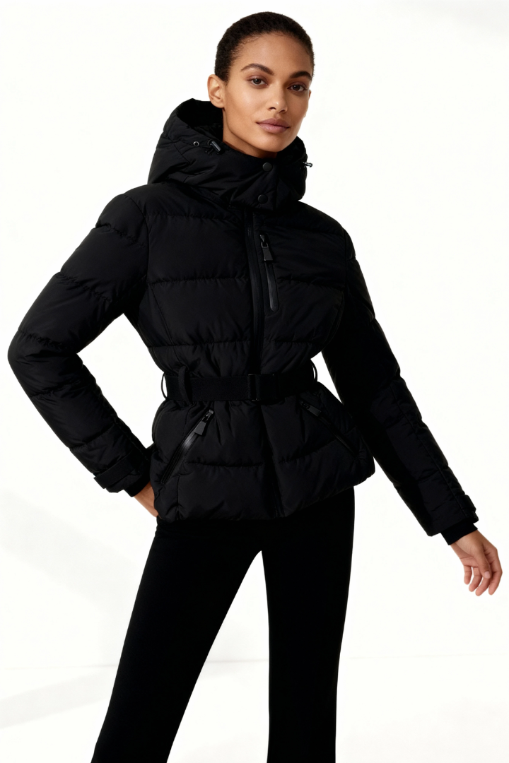 Margo & Main – belted hooded quilted puffer jacket, angled view, US women's sizes