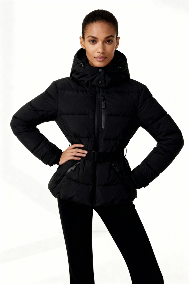 Margo & Main – belted hooded quilted puffer jacket, worn view, US women's sizes