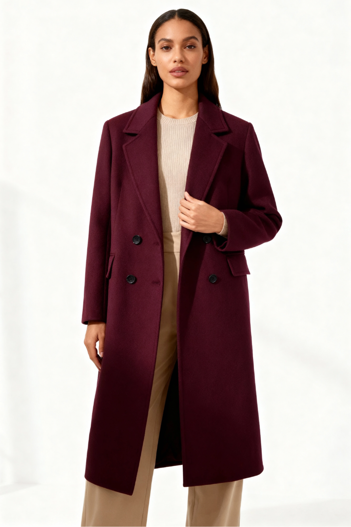 Margo & Main – Esme burgundy double-breasted longline wool coat, full-length front view worn open over cream knit, US women's sizes