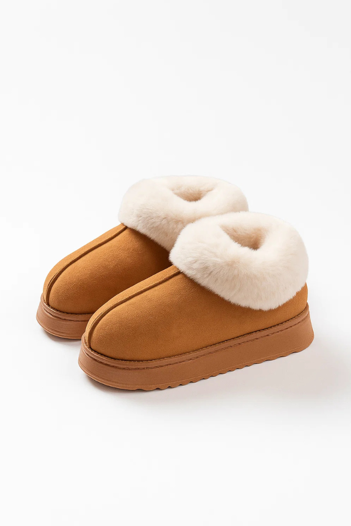 Margo & Main – Chestnut faux suede slipper booties with fur collar, front view, US women's sizes