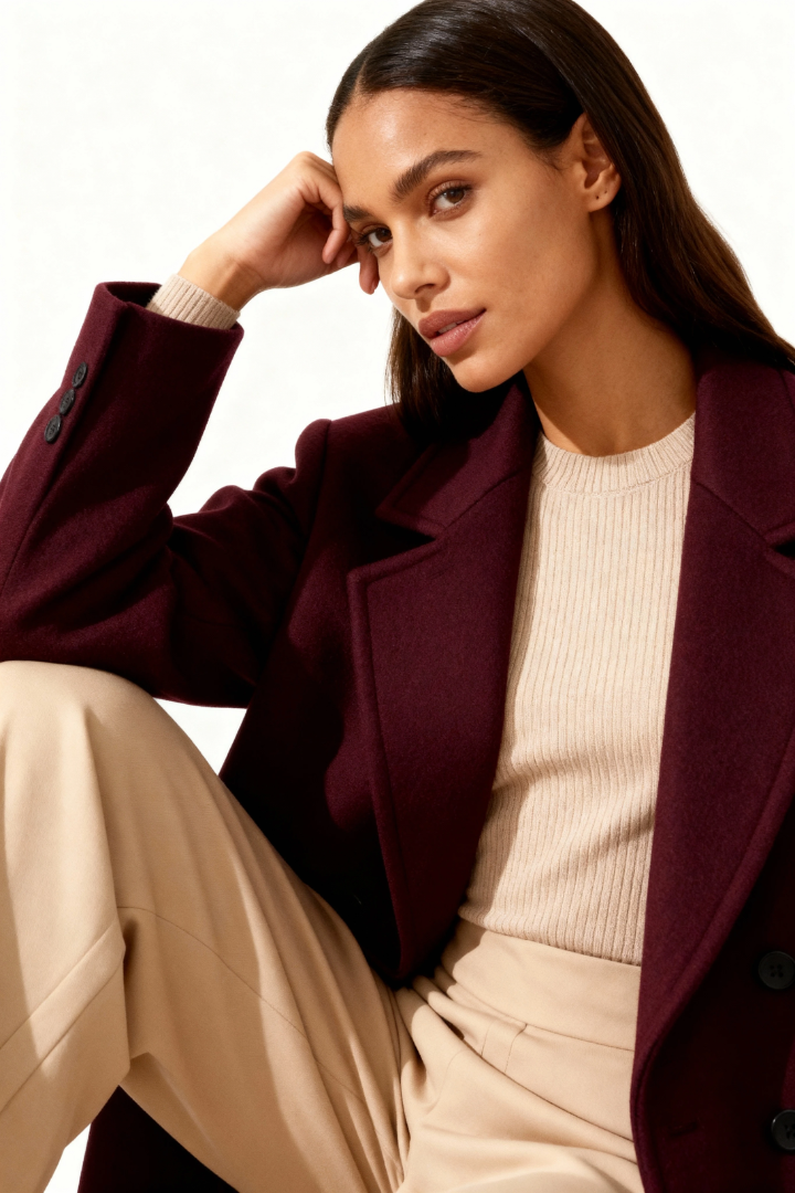 Margo & Main – Esme burgundy double-breasted longline wool coat, seated pose with hand raised to face, US women's sizes