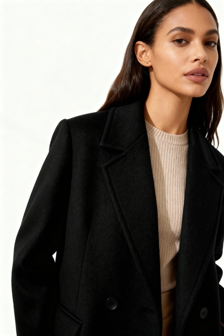 Margo & Main – Esme black double-breasted longline wool coat, upper body view over cream ribbed knit, US women's sizes