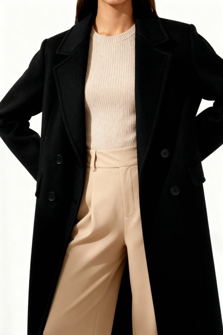 Margo & Main – Esme black double-breasted longline wool coat, front torso view worn open with hands behind back, US women's sizes