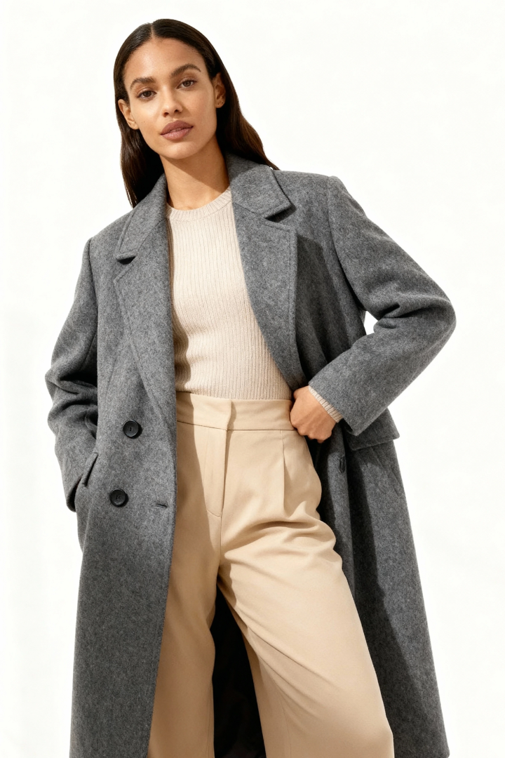 Margo & Main – Esme grey double-breasted longline wool coat, full-length view with hands on hips, US women's sizes