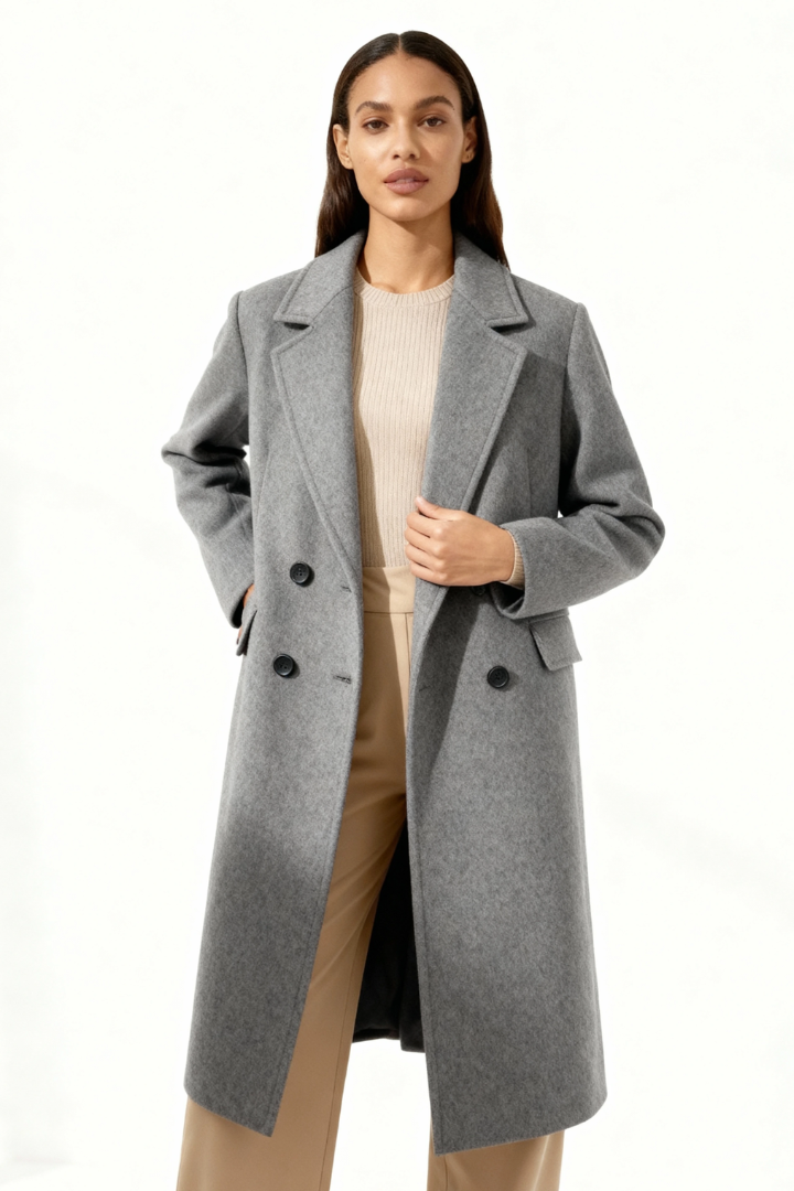 Margo & Main – Esme grey double-breasted longline wool coat, full-length front view worn open, US women's sizes