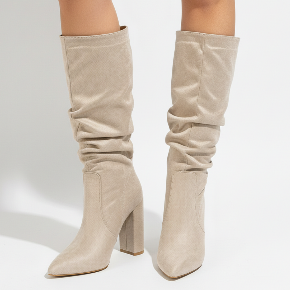 Margo & Main - beige slouch knee-high boots worn below the knee, US women's sizes