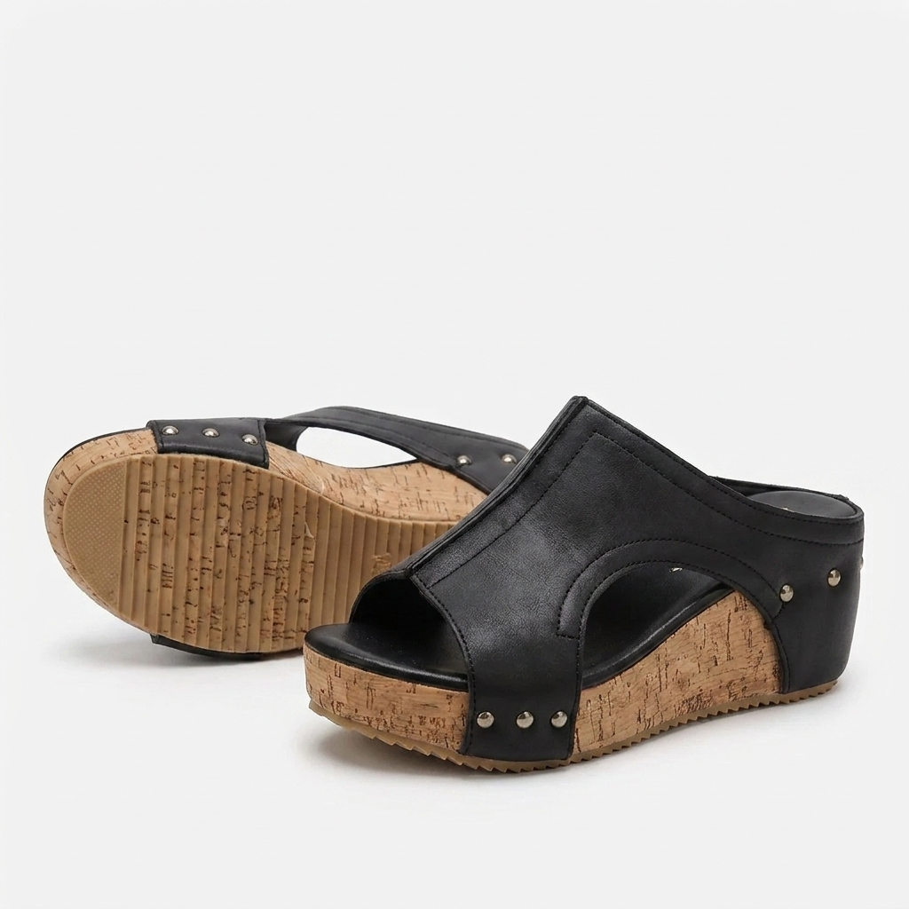 Margo & Main - black cork wedge sandals cutout and platform toe view, US women's sizes