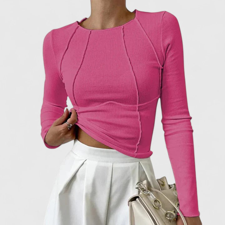 Margo & Main – pink ribbed knit top, twisted front hem detail on model, US women's sizes