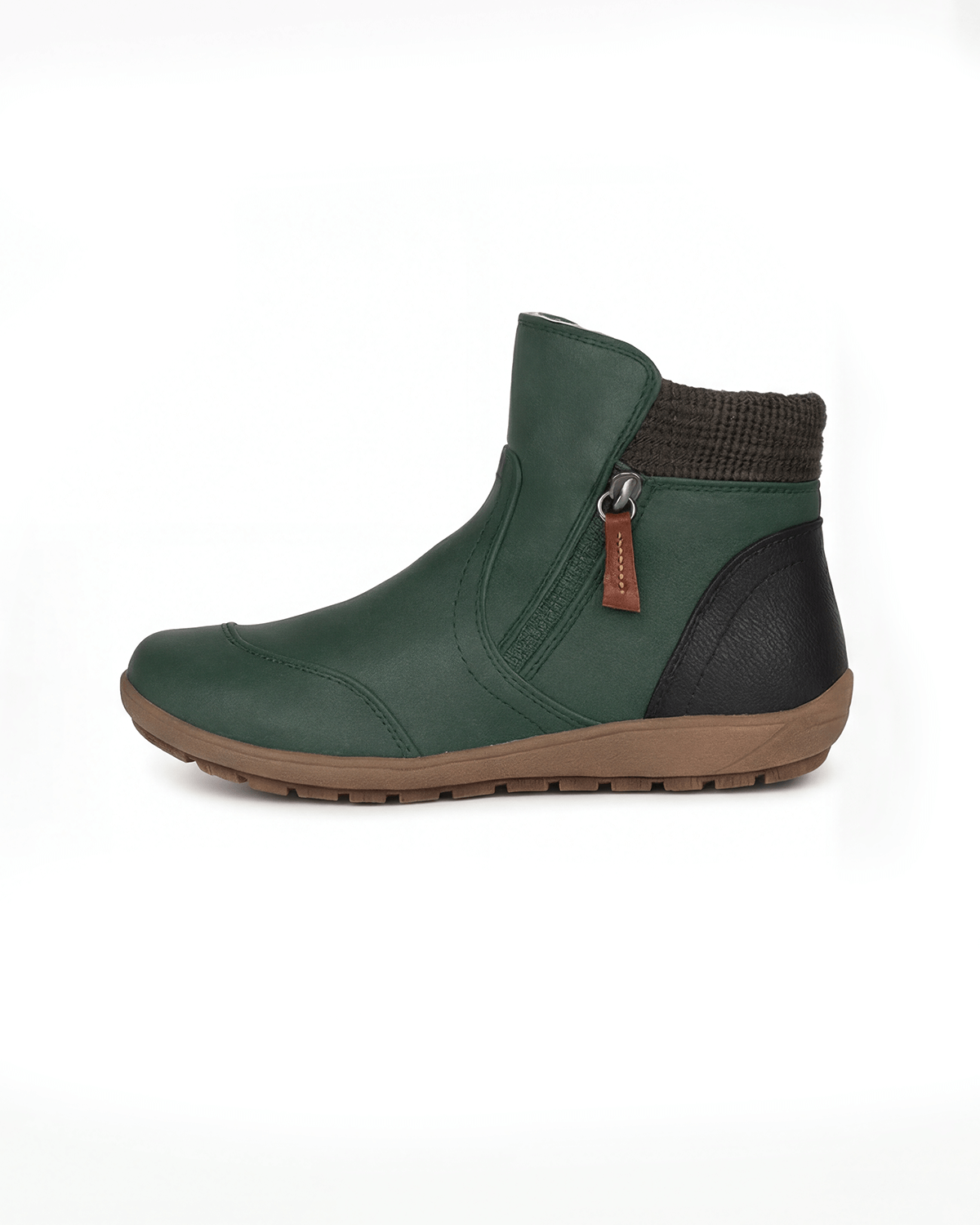 Margo & Main – Green flat knit-collar ankle boots side profile, US women's sizes