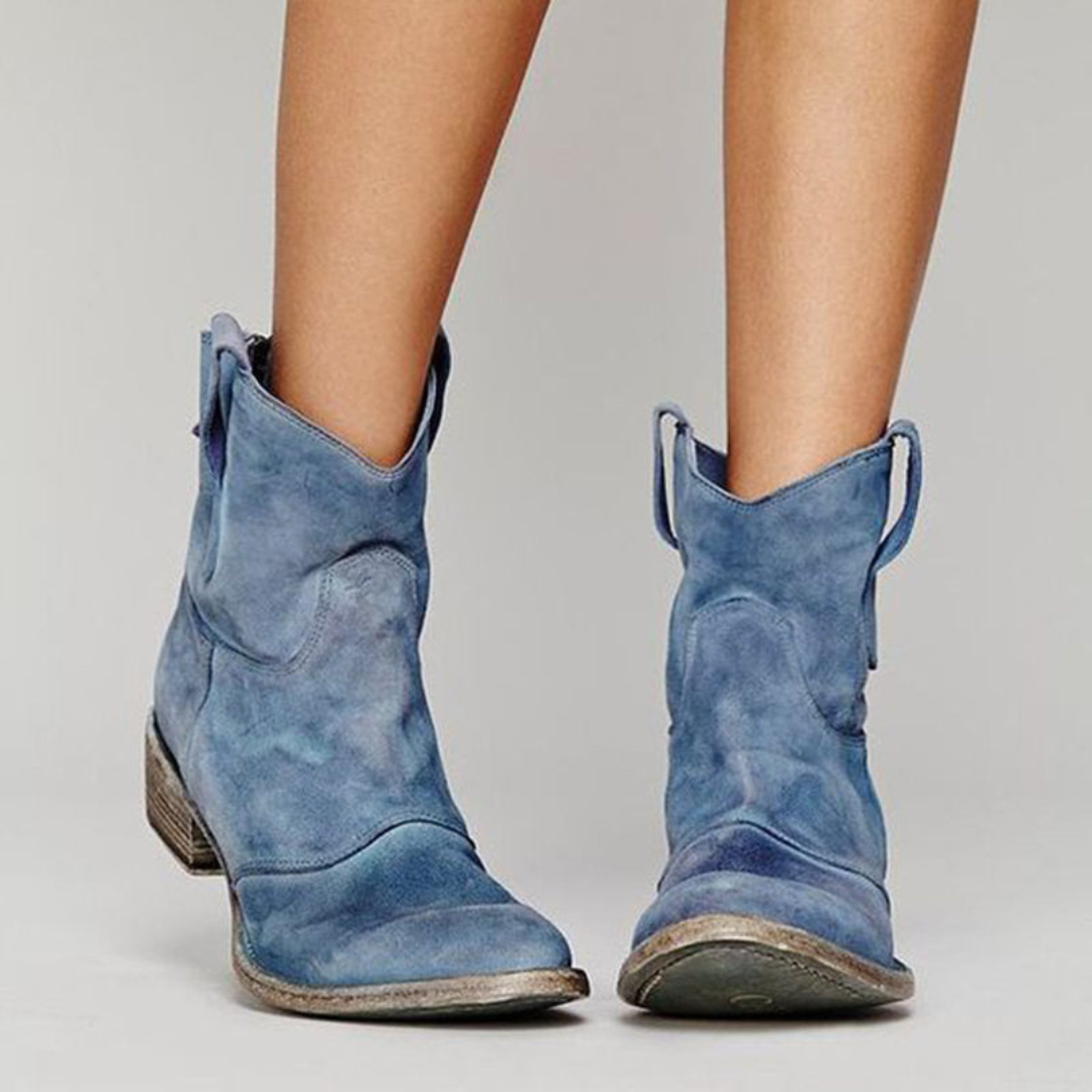 Margo & Main – light blue suede western booties, dipped V front detail, US women's sizes