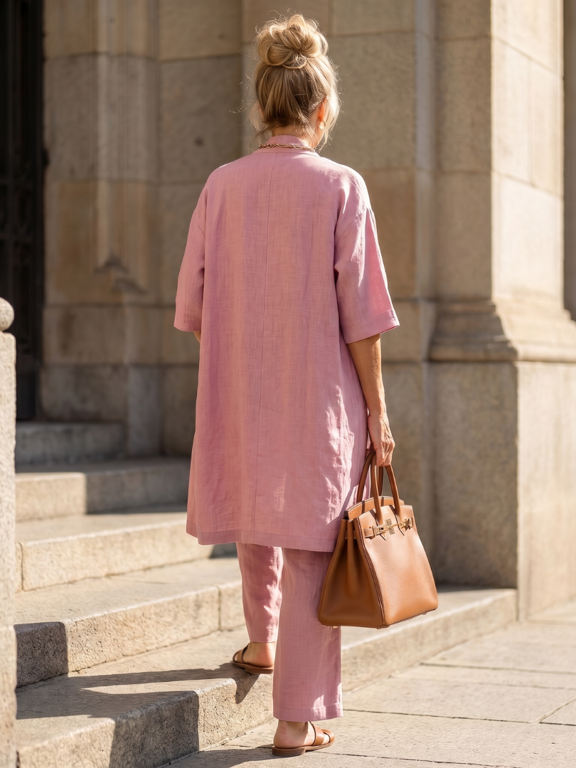 Margo & Main – Yael pink three-piece duster pant set, full back view, US women's sizes