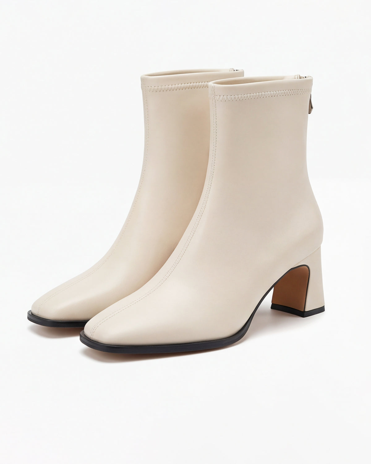Margo & Main – Cream square-toe stretch ankle boots angled pair view, US women's sizes