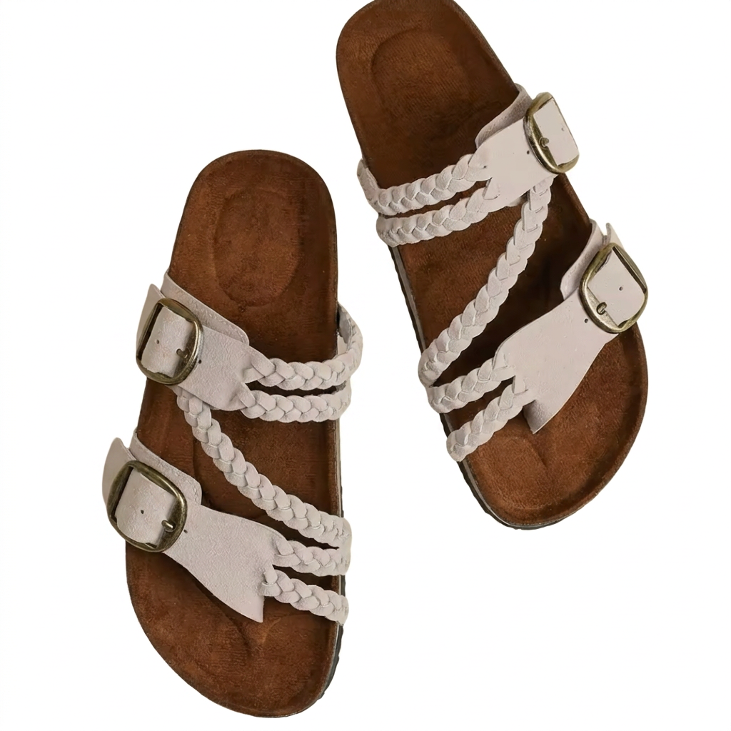 Margo & Main - beige braided cork footbed sandals pair seen from above, US women's sizes