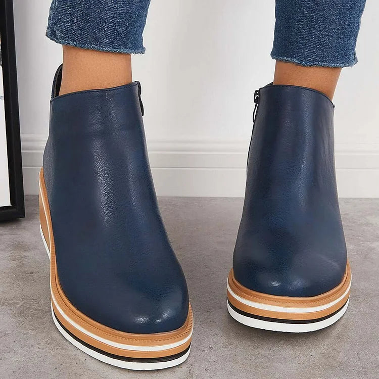 Margo & Main – Navy wedge platform ankle boots seen from the back, worn, US women's sizes