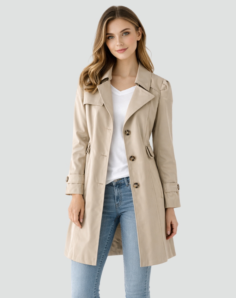 Margo & Main - tan double breasted trench coat, full front view, US women's sizes