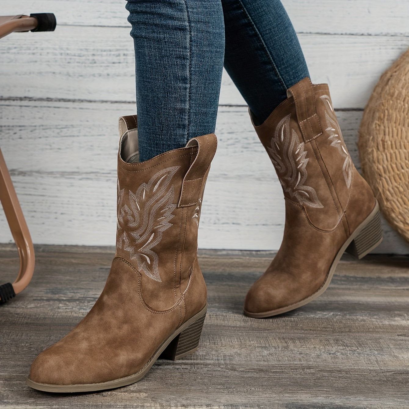 Margo & Main – camel western mid calf boots pair worn with blue denim jeans, US women's sizes