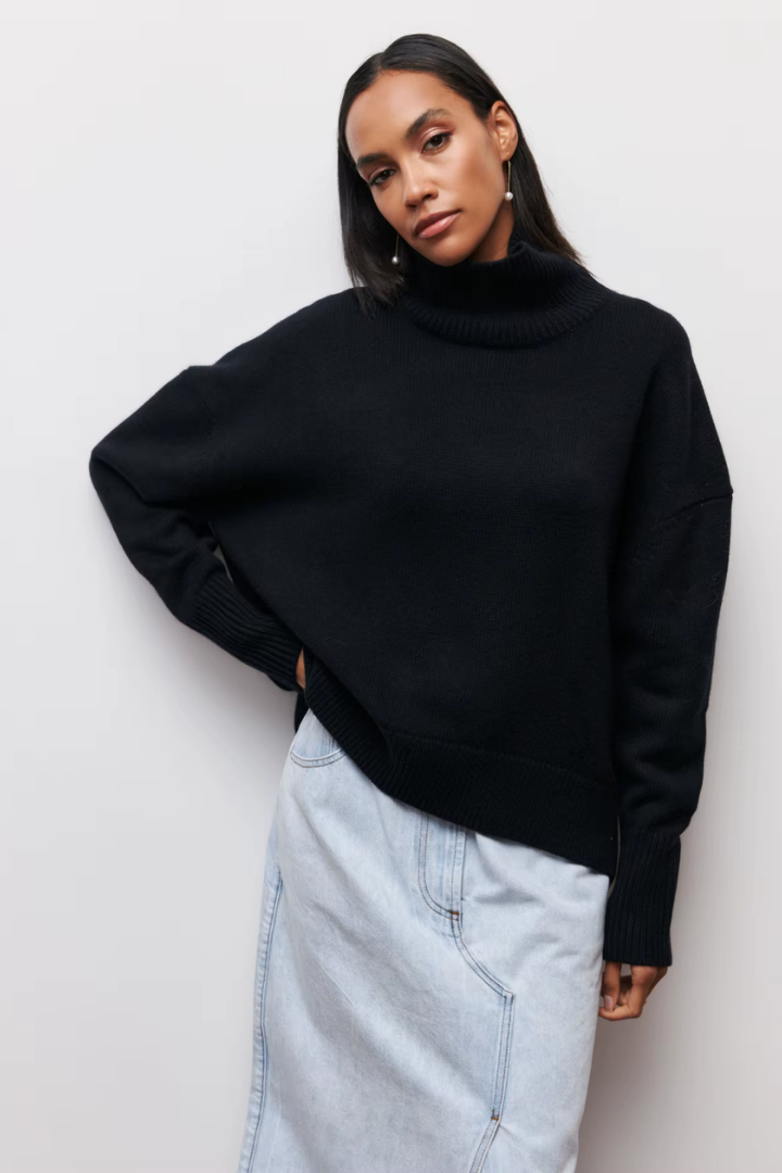 Margo & Main – black oversized turtleneck sweater full front view, US women's sizes