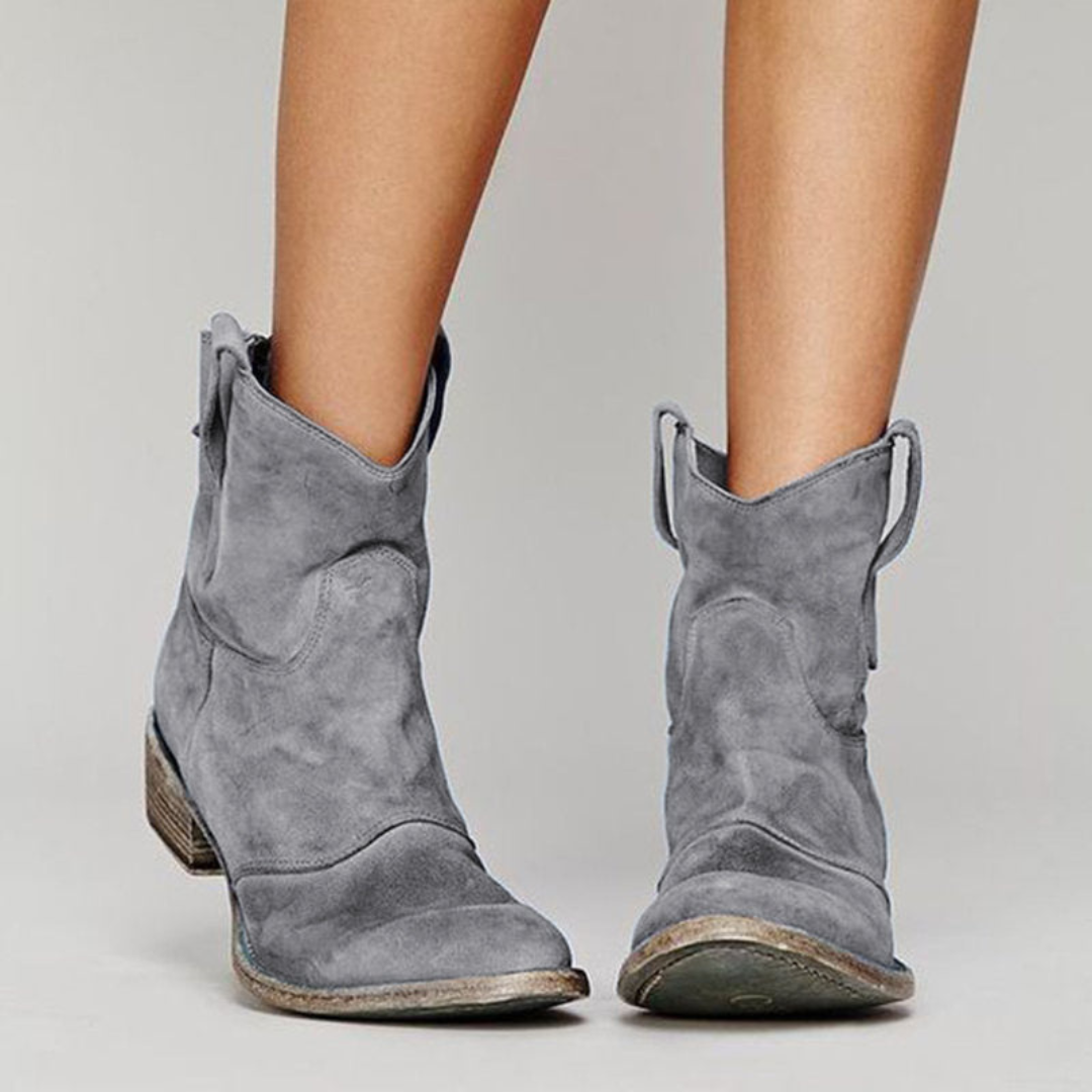 Margo & Main – gray distressed suede western booties, worn on the leg, US women's sizes