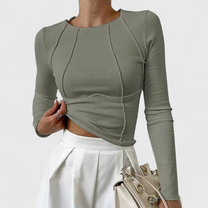 Margo & Main – olive ribbed long sleeve top, styled with a pleated skirt, US women's sizes